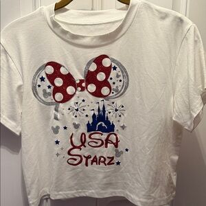 Disney White Short Sleeve Tee with Red Polka Dot Bow and Blue Castle USA Script